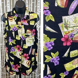 Vintage Y2K rayon black novelty travel print button up sleeveless blouse